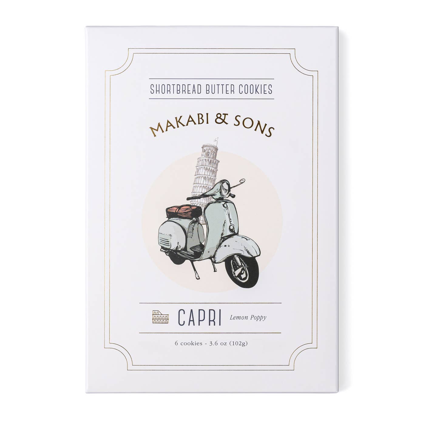 Shortbread butter cookie box, Makabi & Sons Capri, lemon poppy cookie label