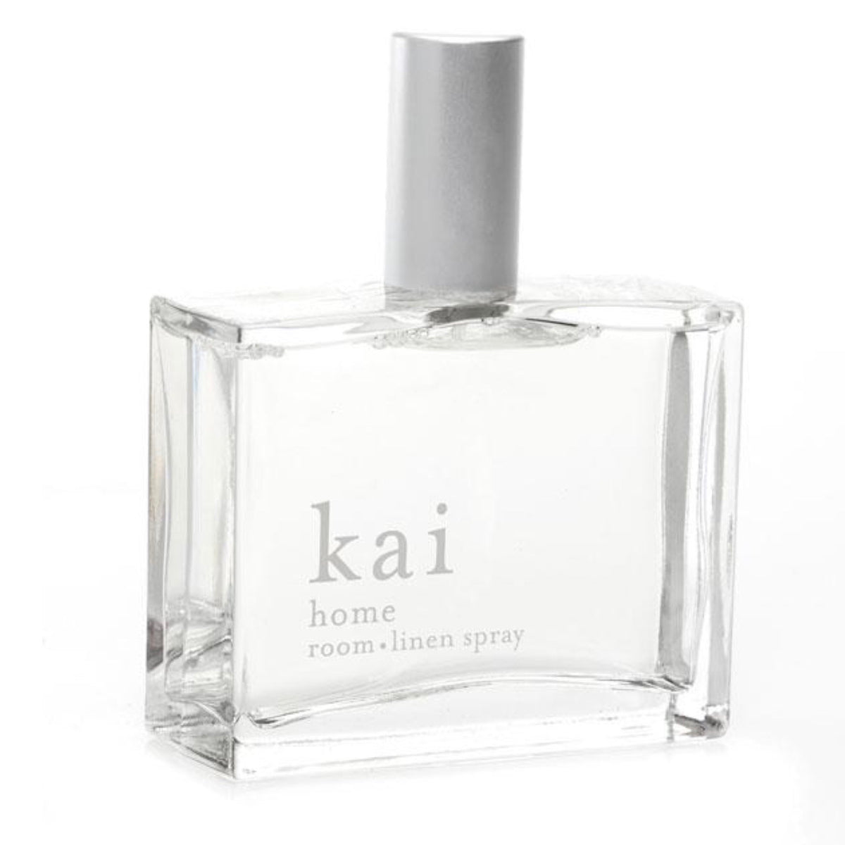 Kai room and linen spray bottle with clear glass body and silver cap