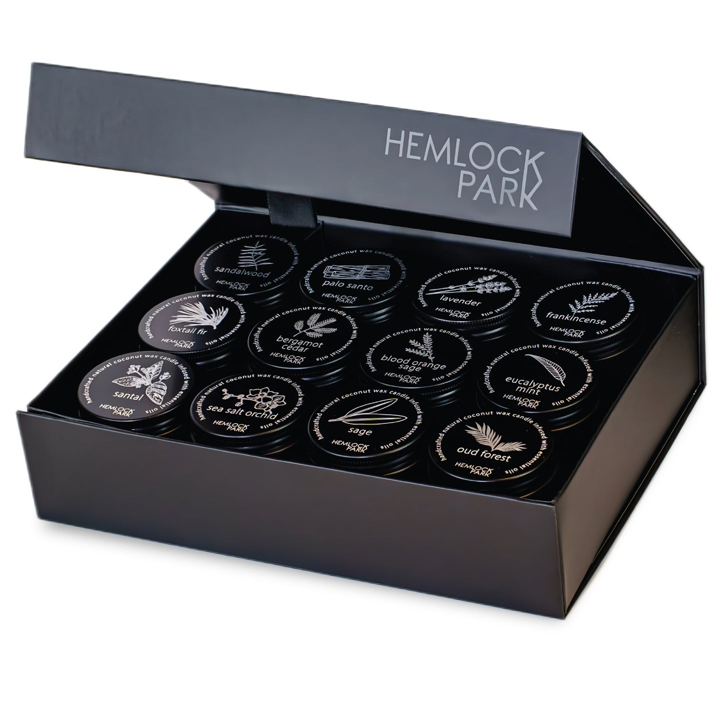 Tea-light scent set: open black box of 30 labeled tins, HEMLOCK PARK