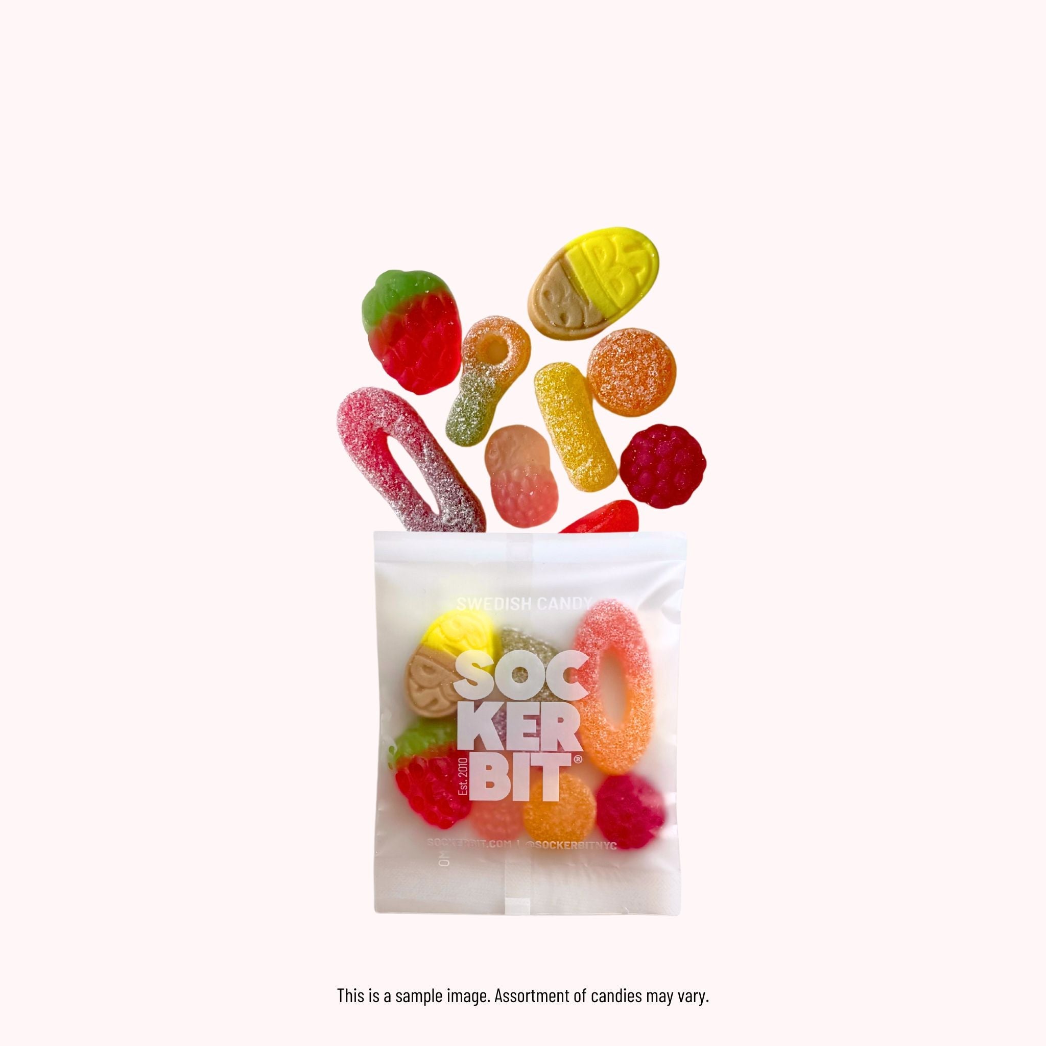 Swedish candy single-serve packet with mixed gummies and fruit shapes