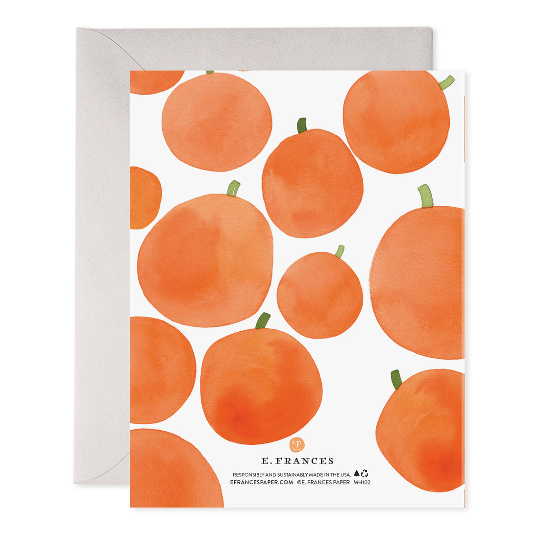Halloween greeting card back with orange pumpkin pattern and 'E. FRANCES' brand text