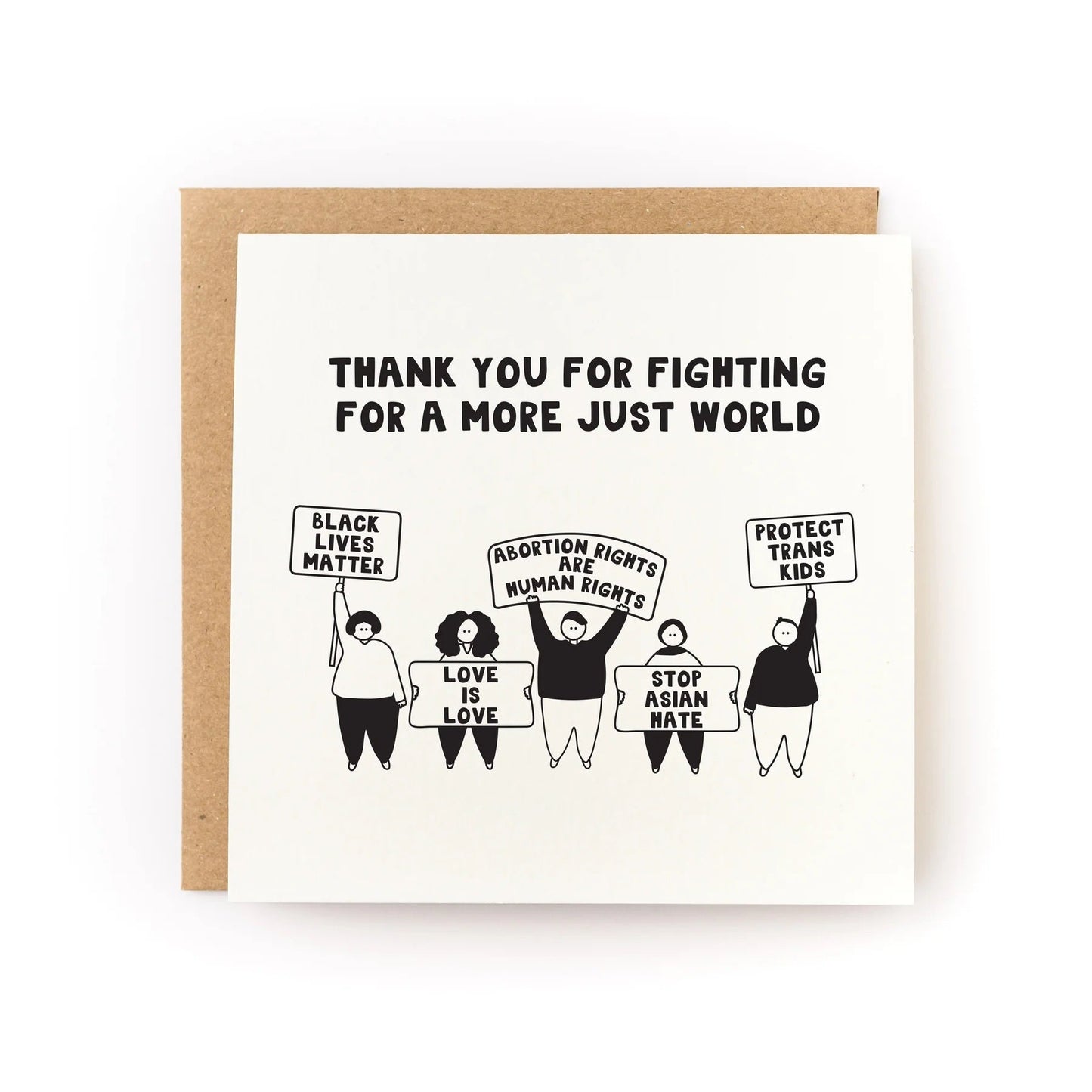 Letterpress greeting card with 'Thank You...' text, black illustrated figures, kraft envelope