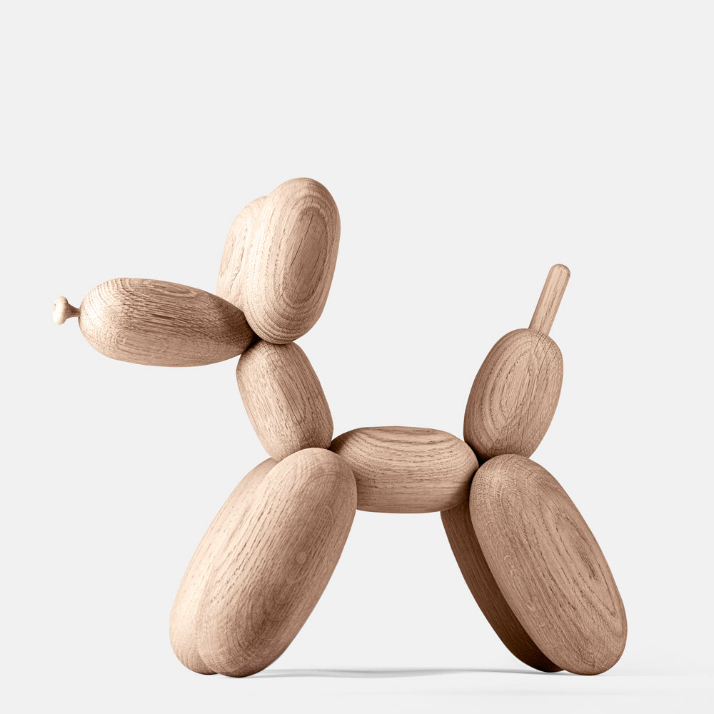 Small Balloon d'Og white oak figurine, seated balloon-dog with five oval wood legs