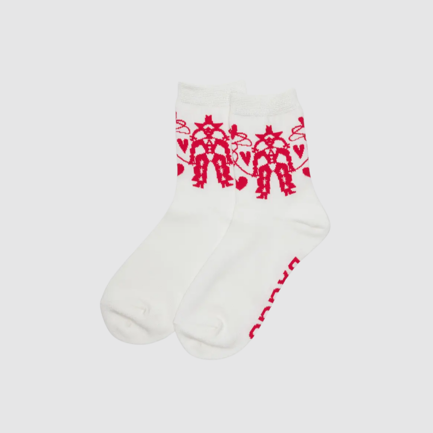 Crew socks in white with red heart robot graphic pattern, two-pack