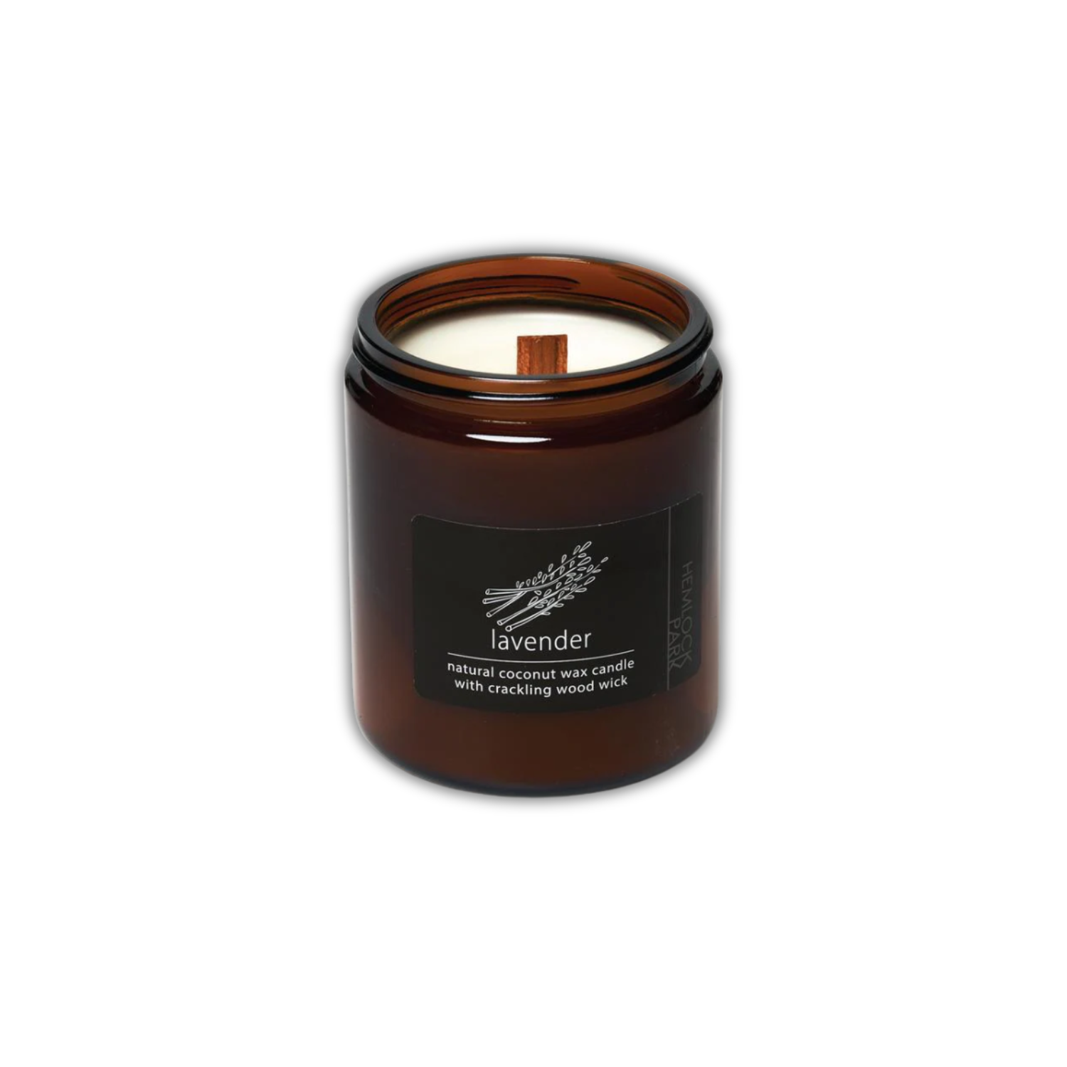 Lavender coconut wax candle in dark amber jar, wood wick with flame