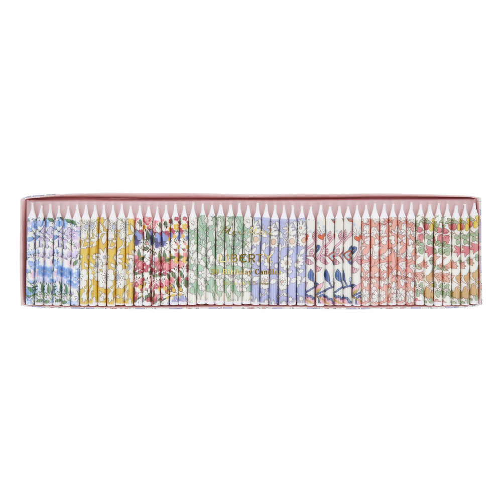 Liberty mini candles 50-pack in assorted colors, shown in a gift box tray.