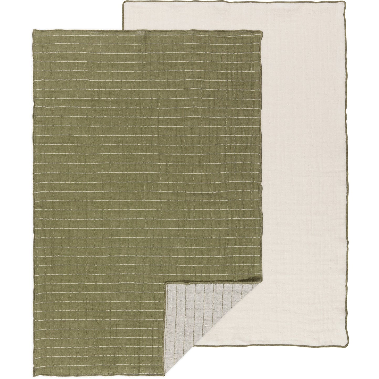 Double-weave dishtowel set of 2 in olive green and white, fine grid texture.