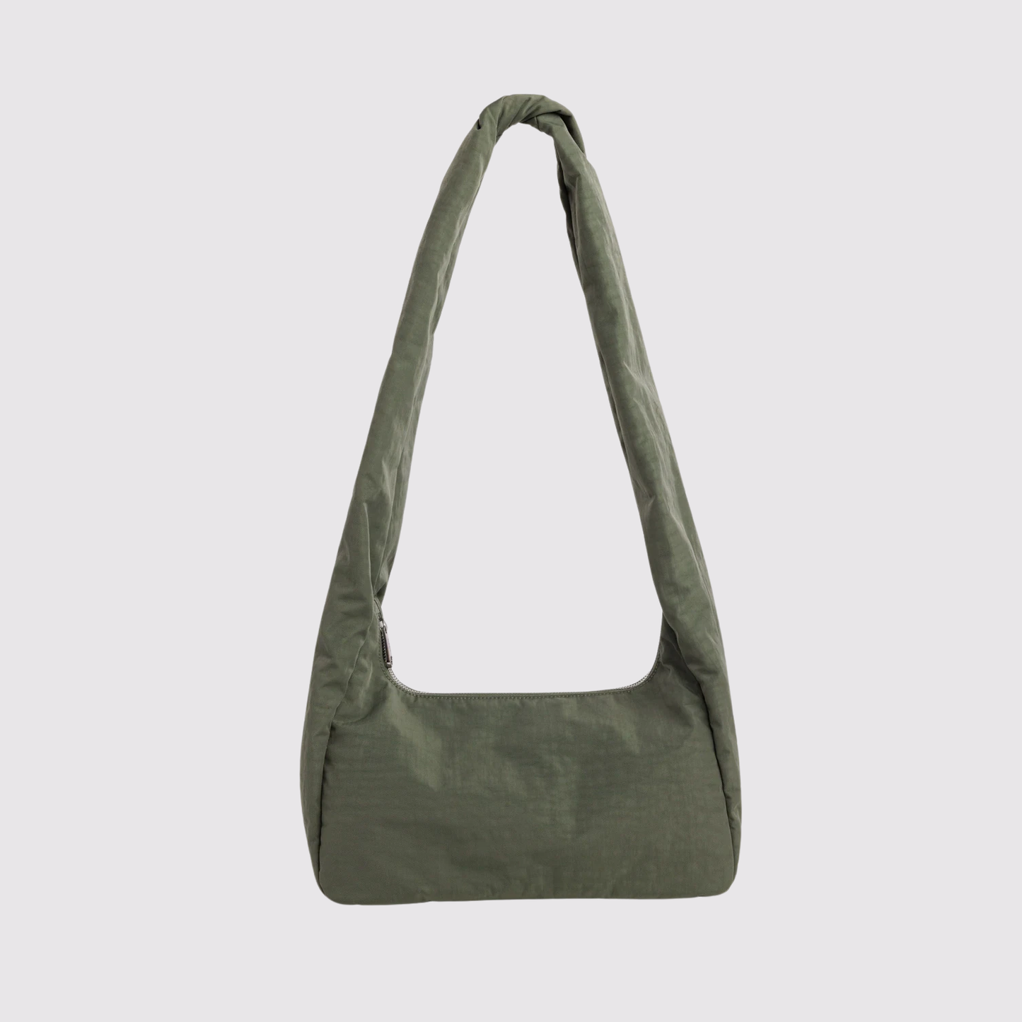 Olive green nylon shoulder bag with single top handle and slouchy rounded base.