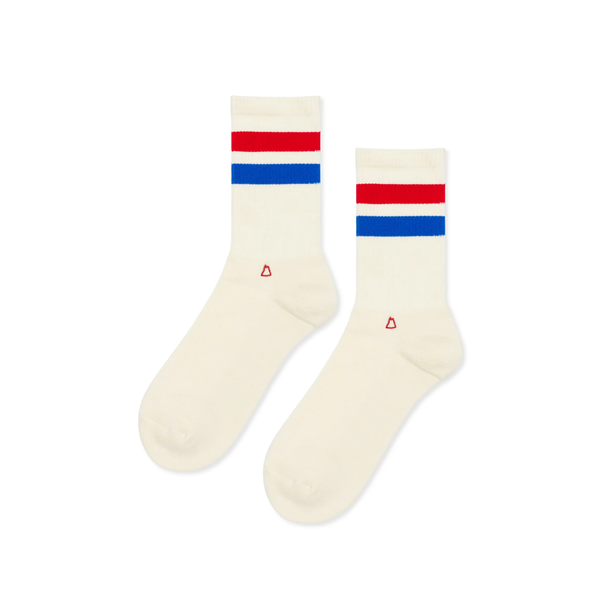 Men's crew sport socks in off-white with red-and-blue stripes, small red triangle logo