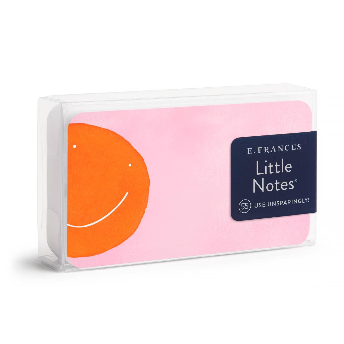 Pink notepad notes with orange smiley face on cover, in clear plastic case