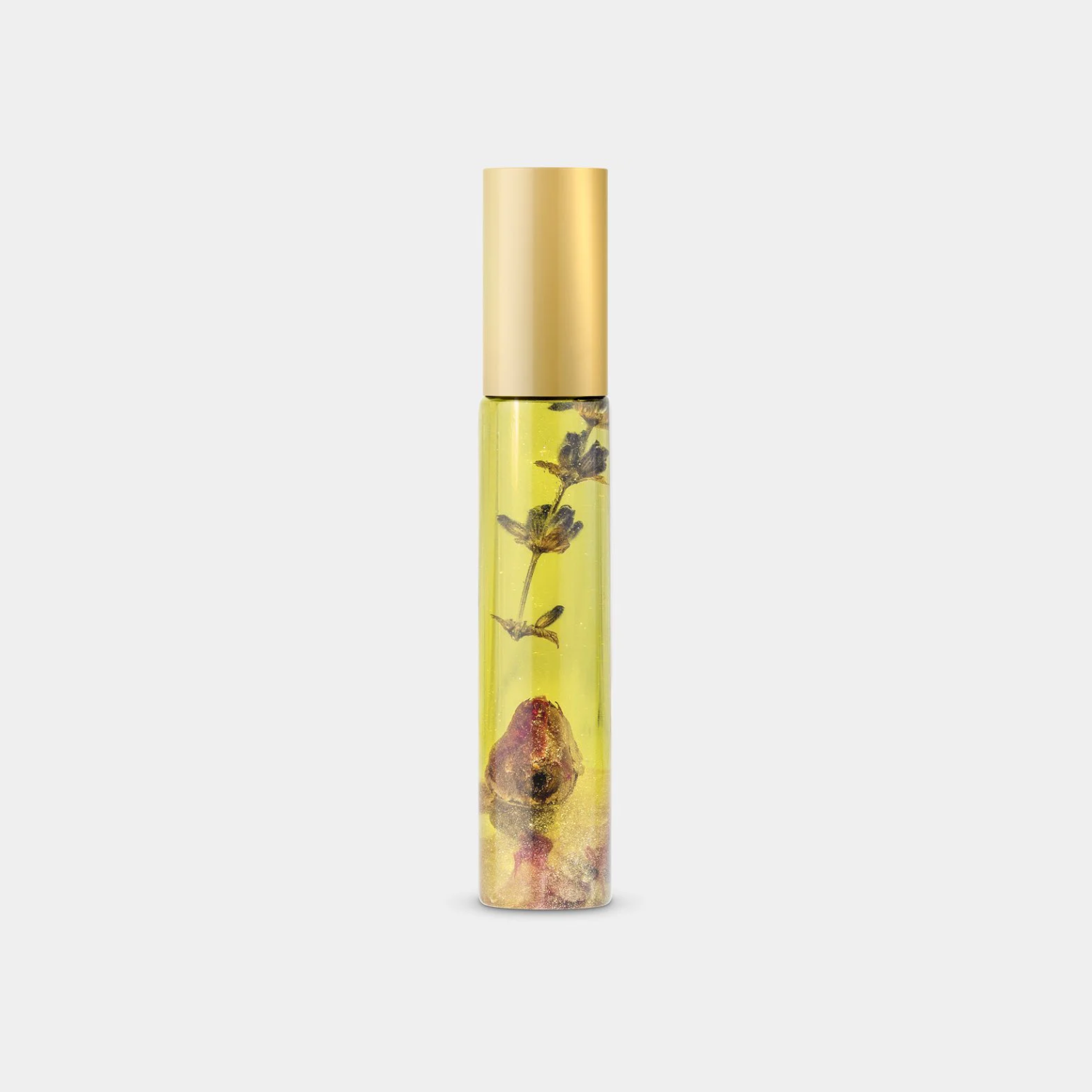 Goddess Elixir CBD roll-on oil bottle, clear glass with gold cap and botanical print