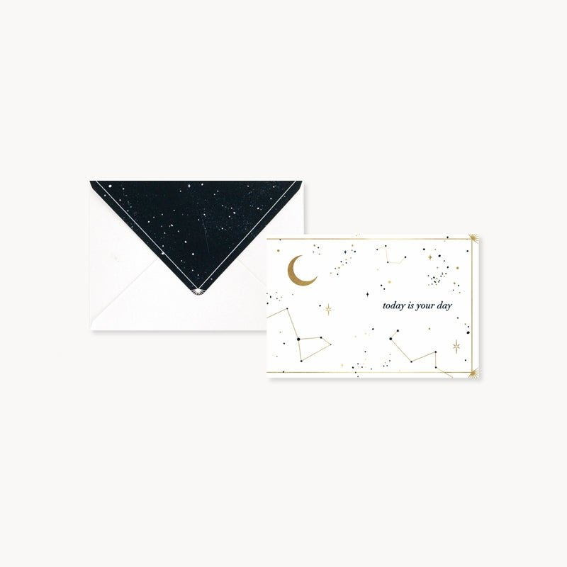 Constellation pop-up greeting card with starry dark envelope and white front panel