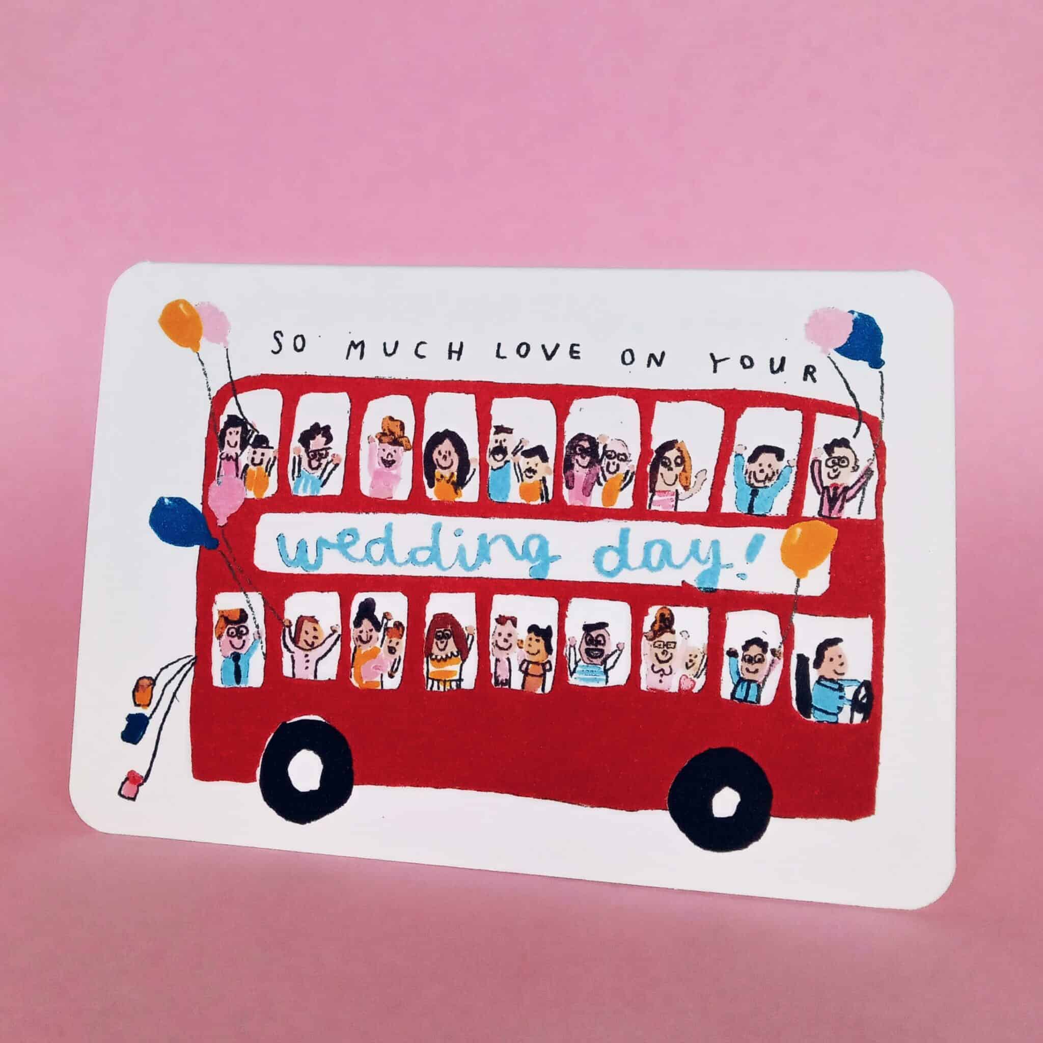 Wedding bus greeting card with red bus illustration and blue 'Wedding day' text