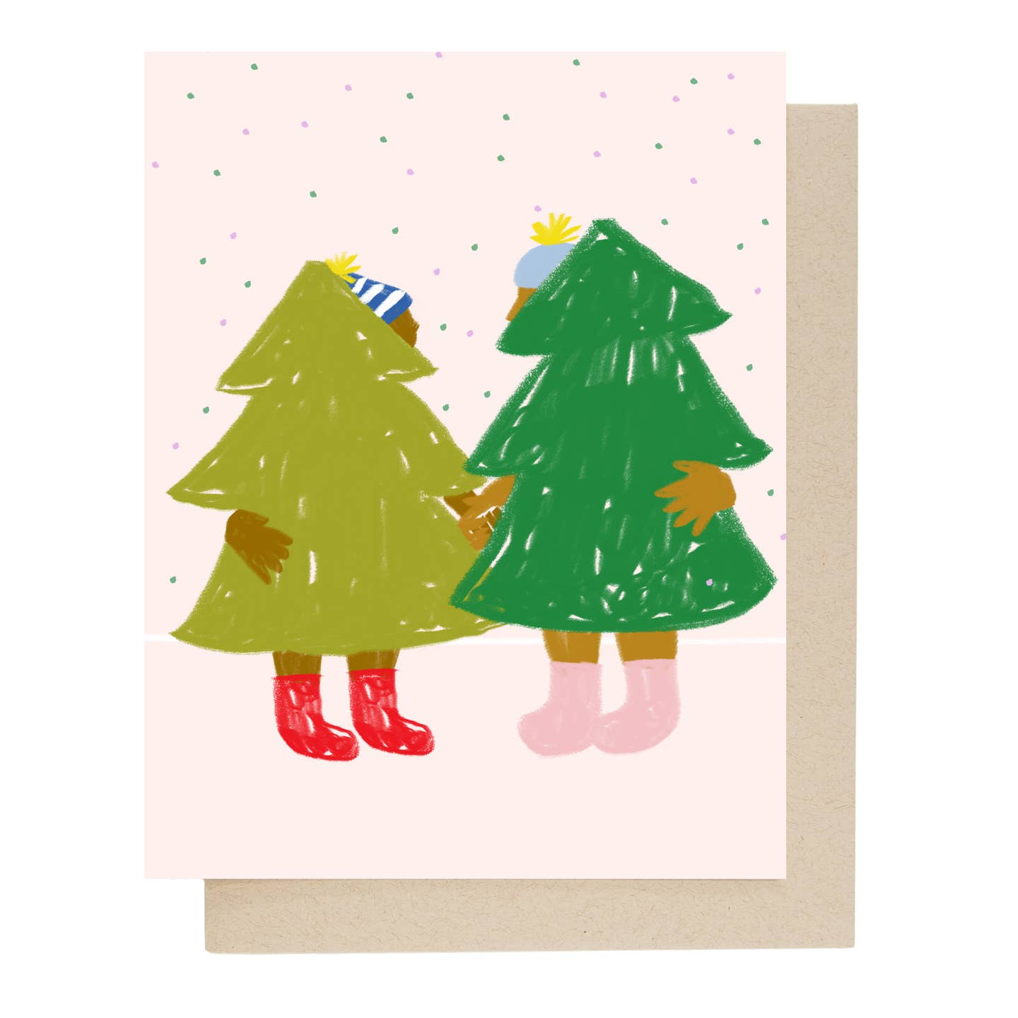 Holiday greeting card featuring two stylized green trees with striped hats and red boots