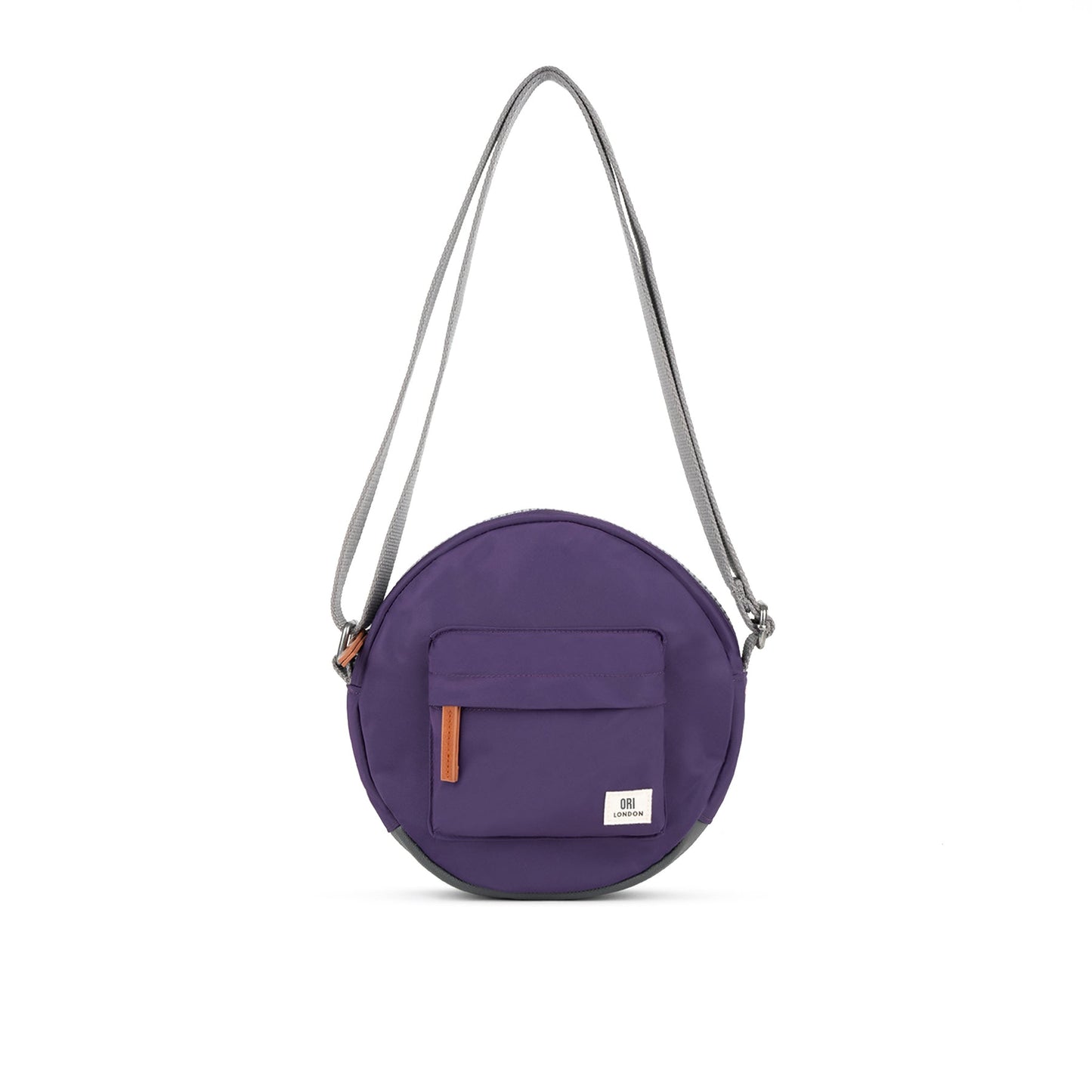 Recycled canvas crossbody bag, round purple with orange zipper pull and gray strap
