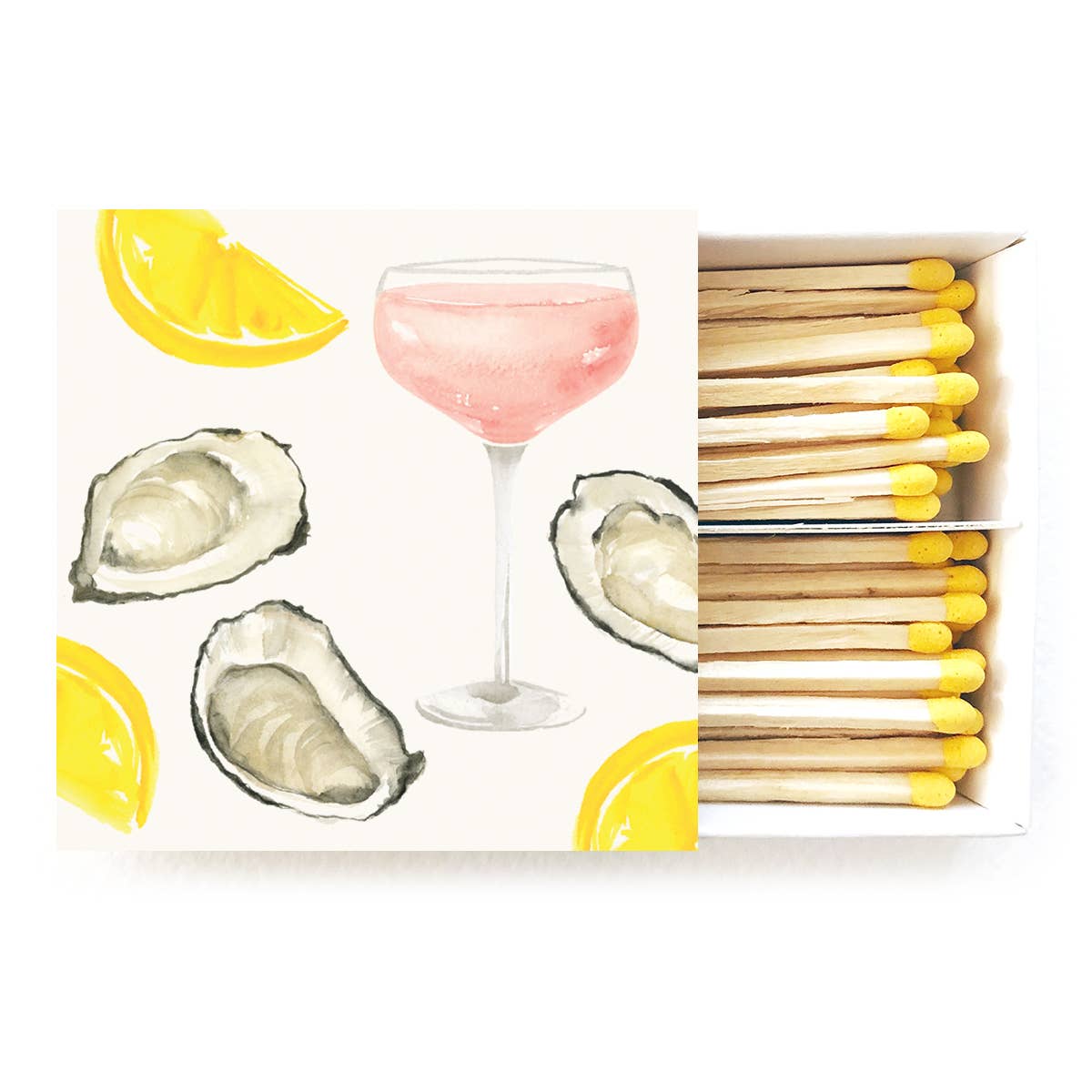 Matchbox with oyster and rose illustration; yellow match heads on exposed wooden sticks
