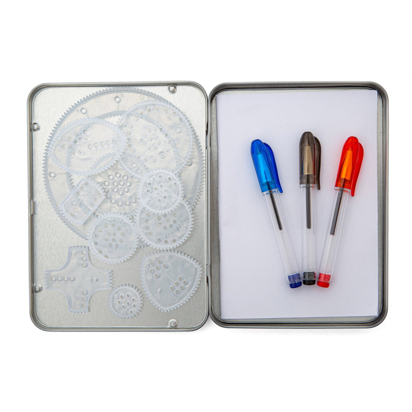 Open metal doodle tin with round template sheet and three colored pens inside.