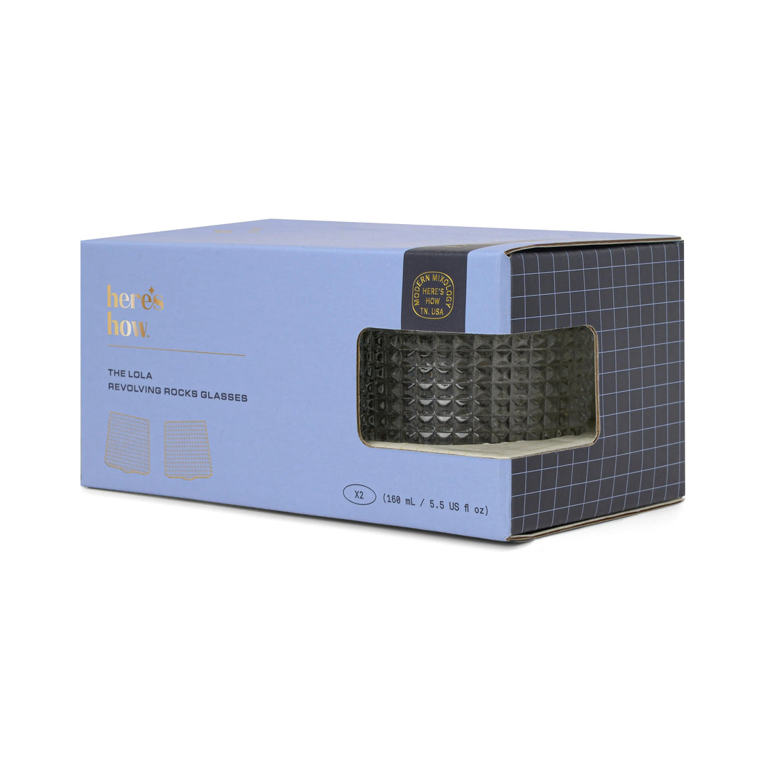 Set of 2 rocks glasses gift box with window showing dark textured glasses