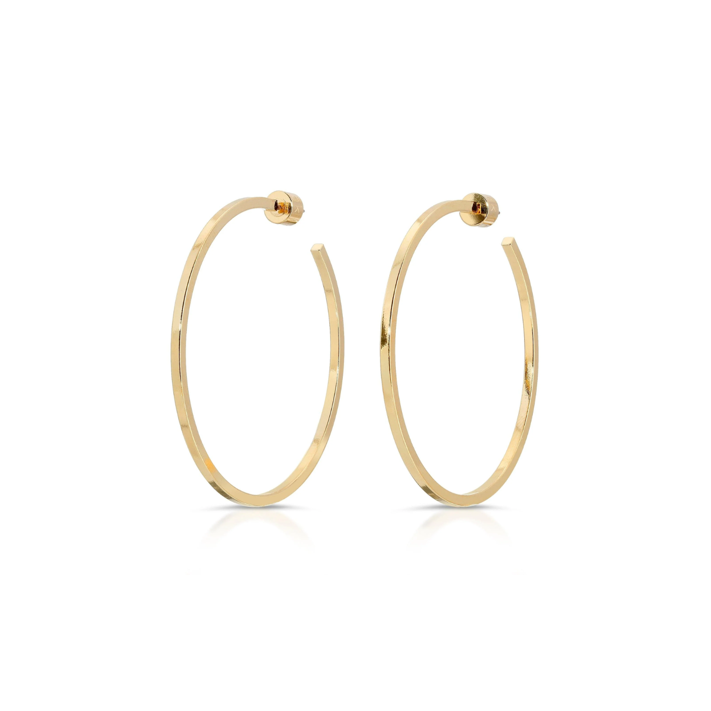 Gold square wire hoop earrings with hinged post closure
