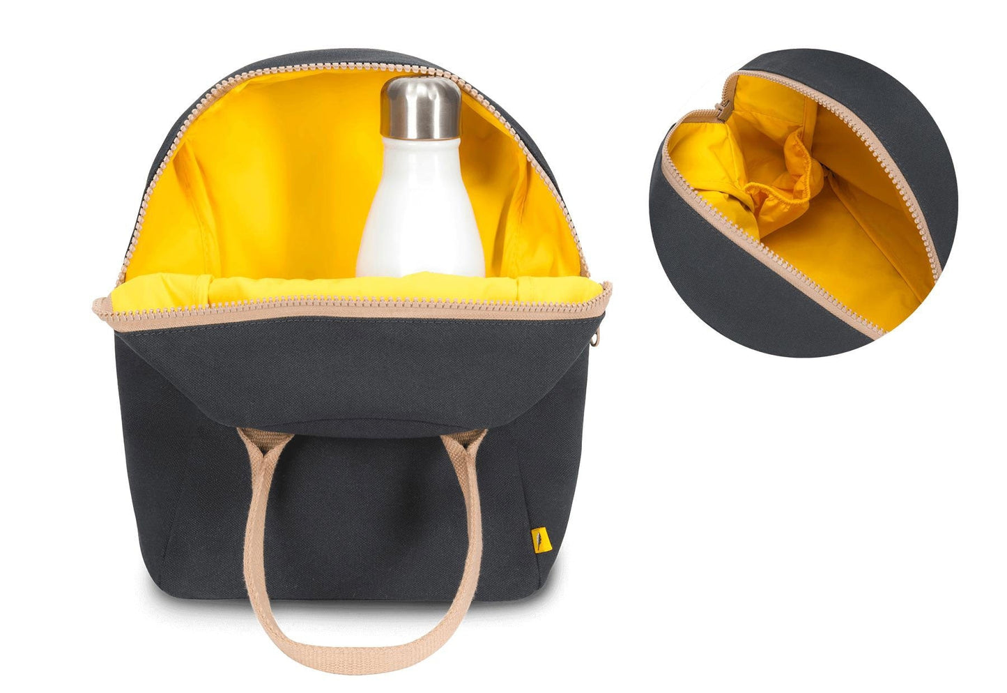 Off-black zipper lunch bag with yellow interior, top zipper and tan carrying handles