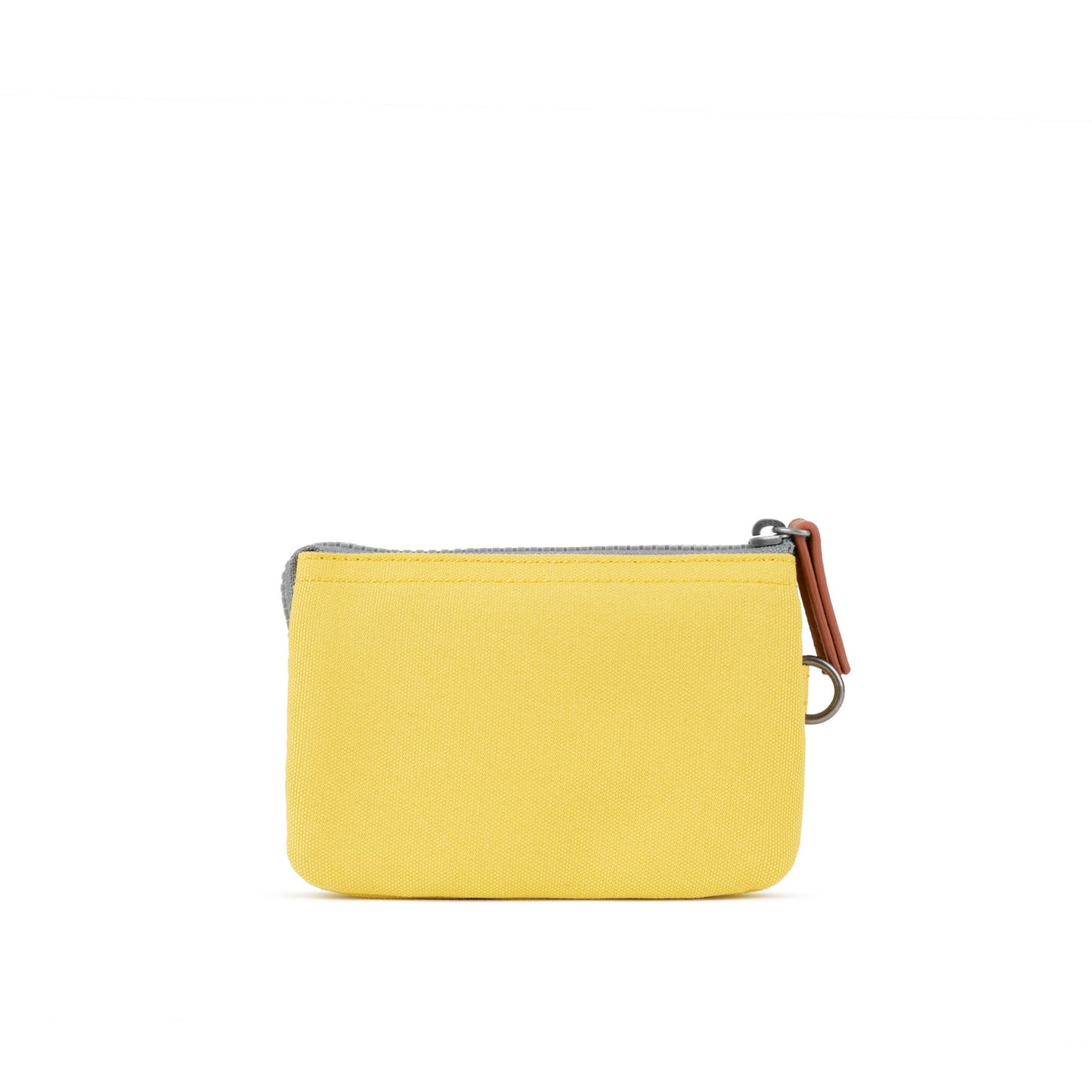 Small yellow canvas zip pouch with side D-ring and brown leather zipper pull
