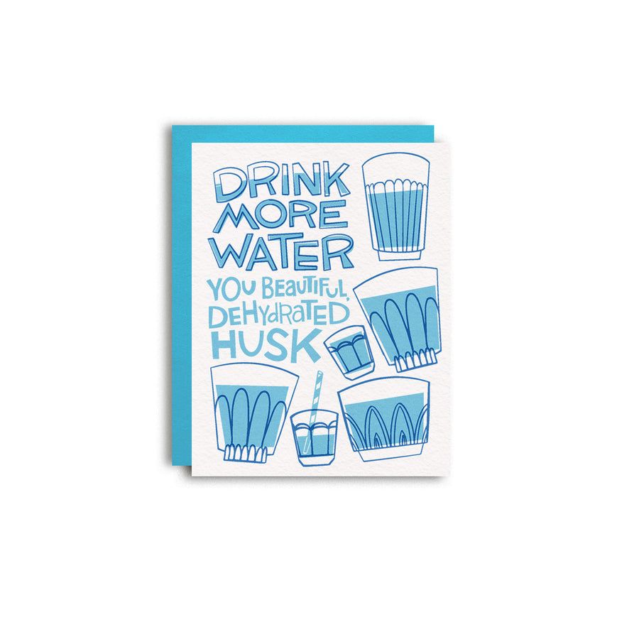 Water-themed greeting card with blue typography and cup illustration, 'Drink more water' text