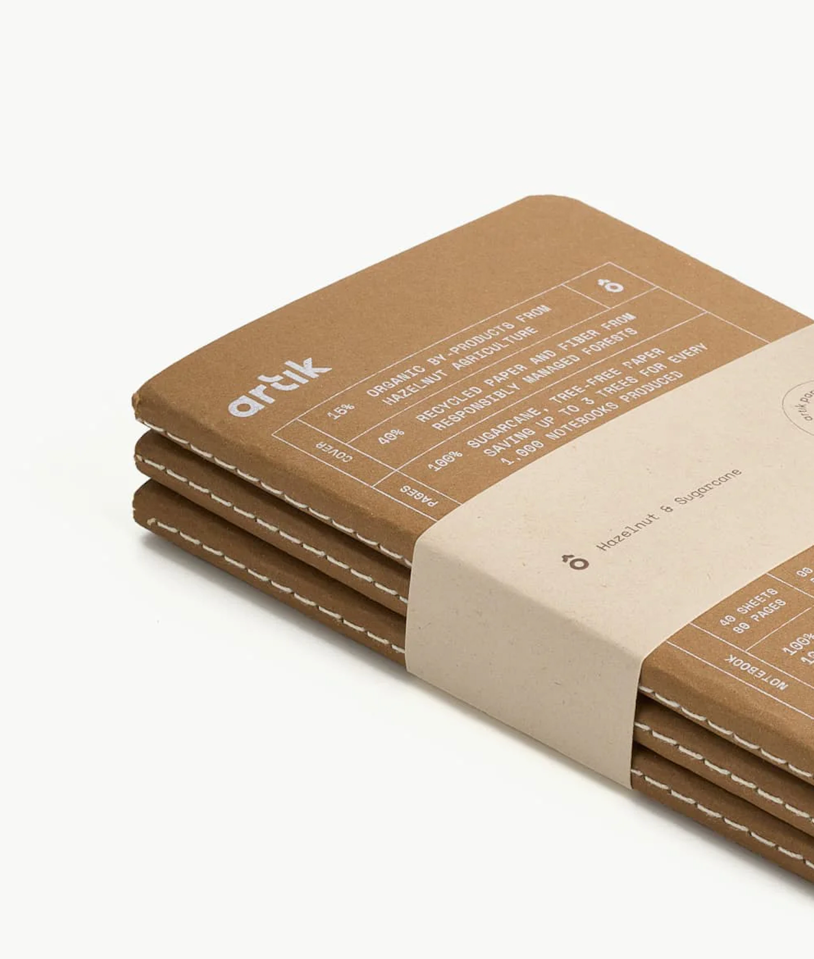 Pocket sewn notebook pack, brown cover with label and stitched edges