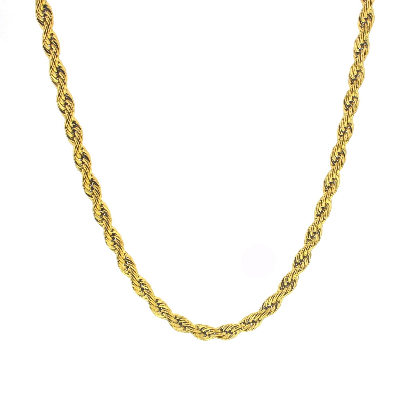 Gold-tone rope chain necklace, close-up of interlinked links