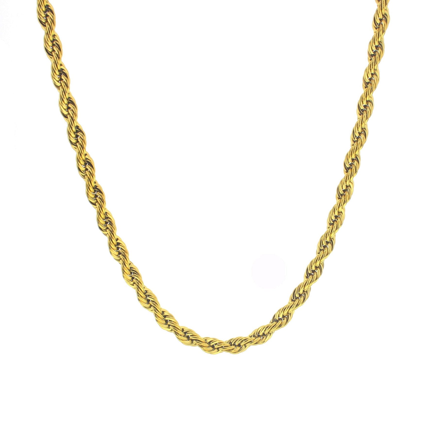 Gold-tone rope chain necklace, close-up of interlinked links