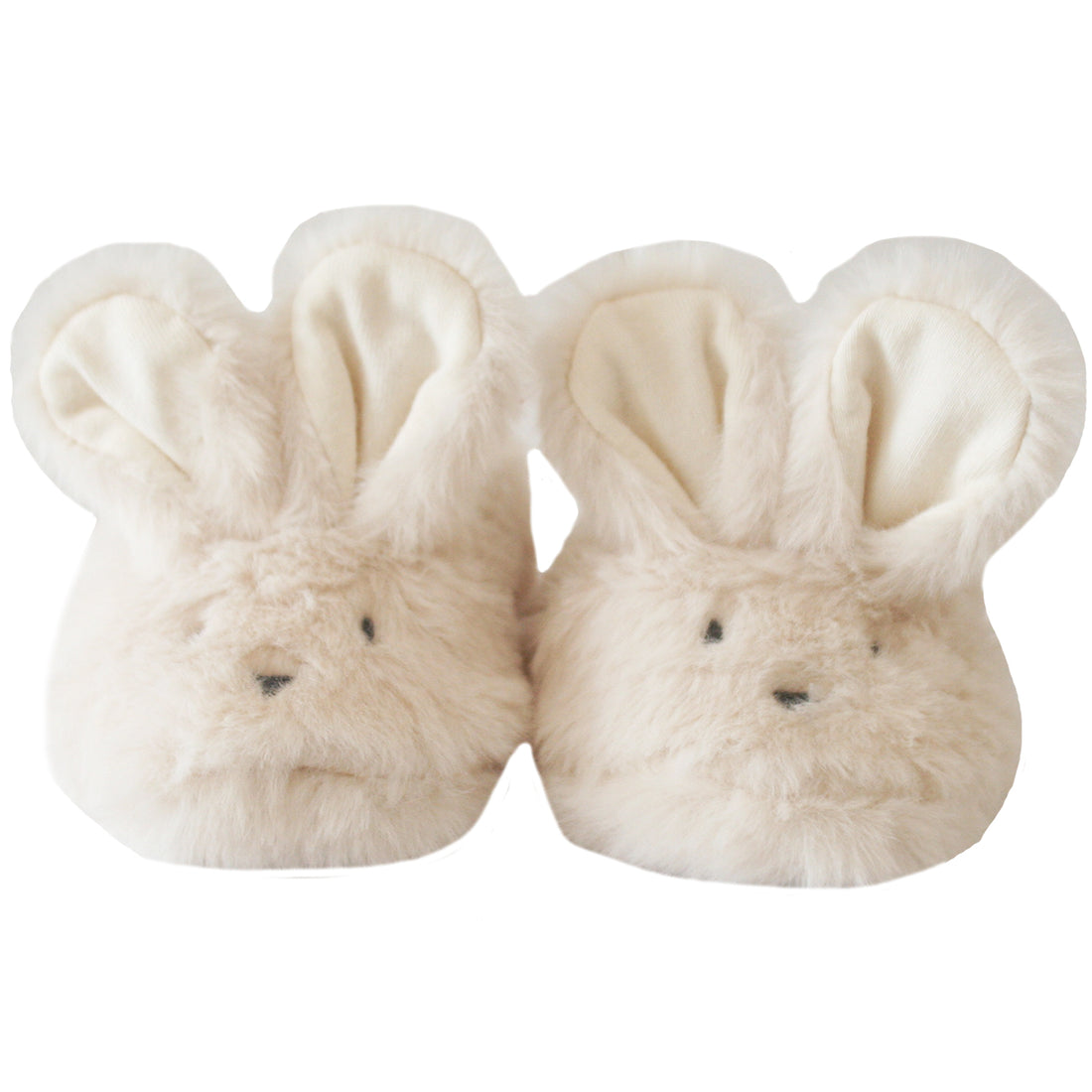 Ivory plush bunny booties set of two with embroidered faces and rounded ears