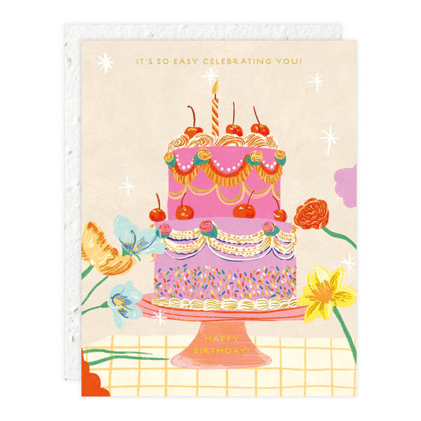 Cherry cake birthday card with illustrated frosted cake, candles, flowers, and 'Happy Birthday'.