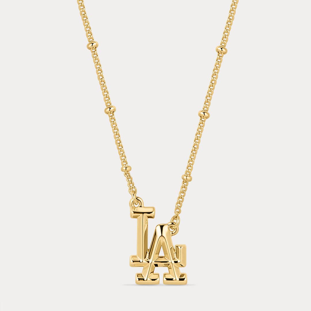 Gold chain necklace with LA Dodgers logo charm pendant, centered front view