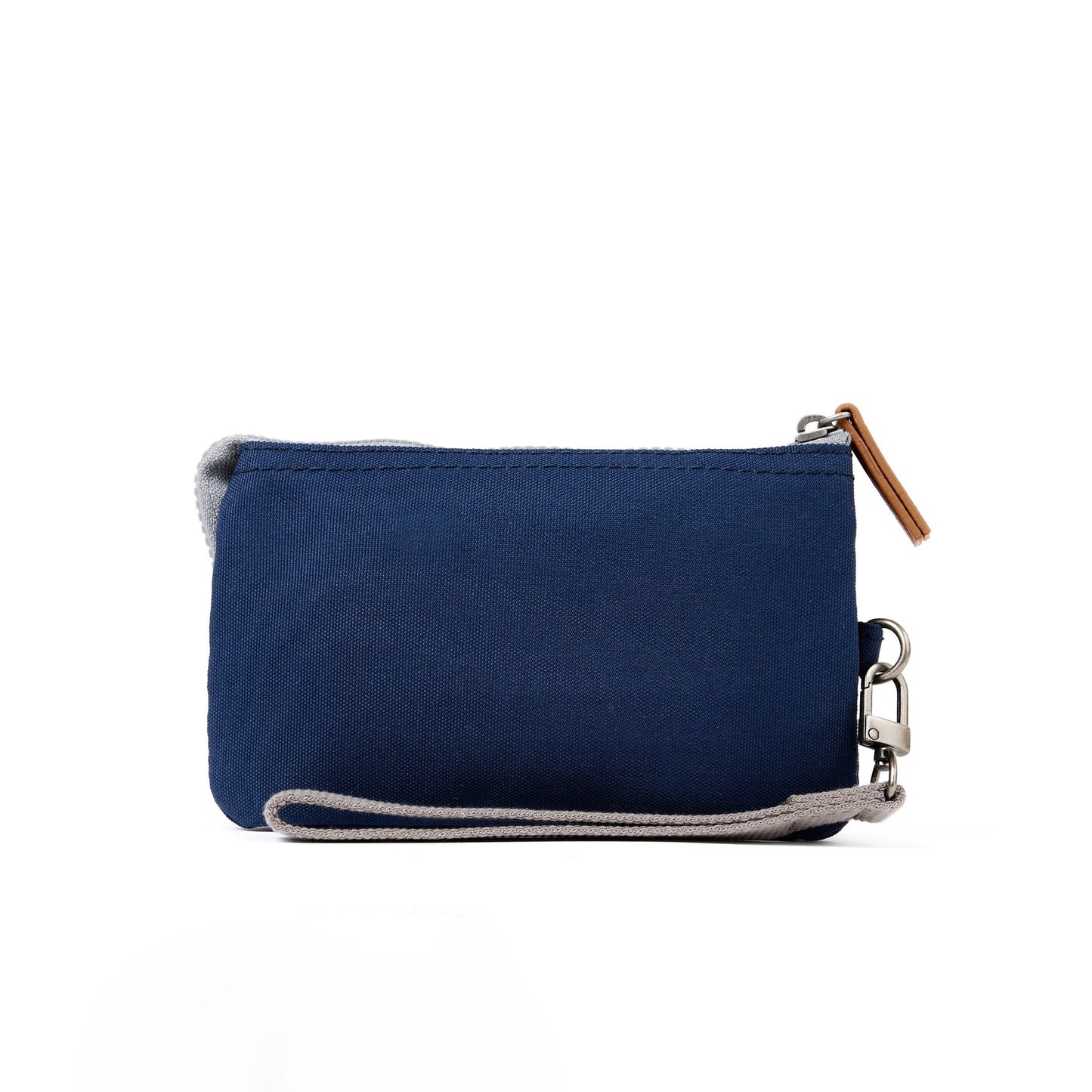 Medium recycled canvas zipper pouch in solid navy with cross-body strap and metal clasp.