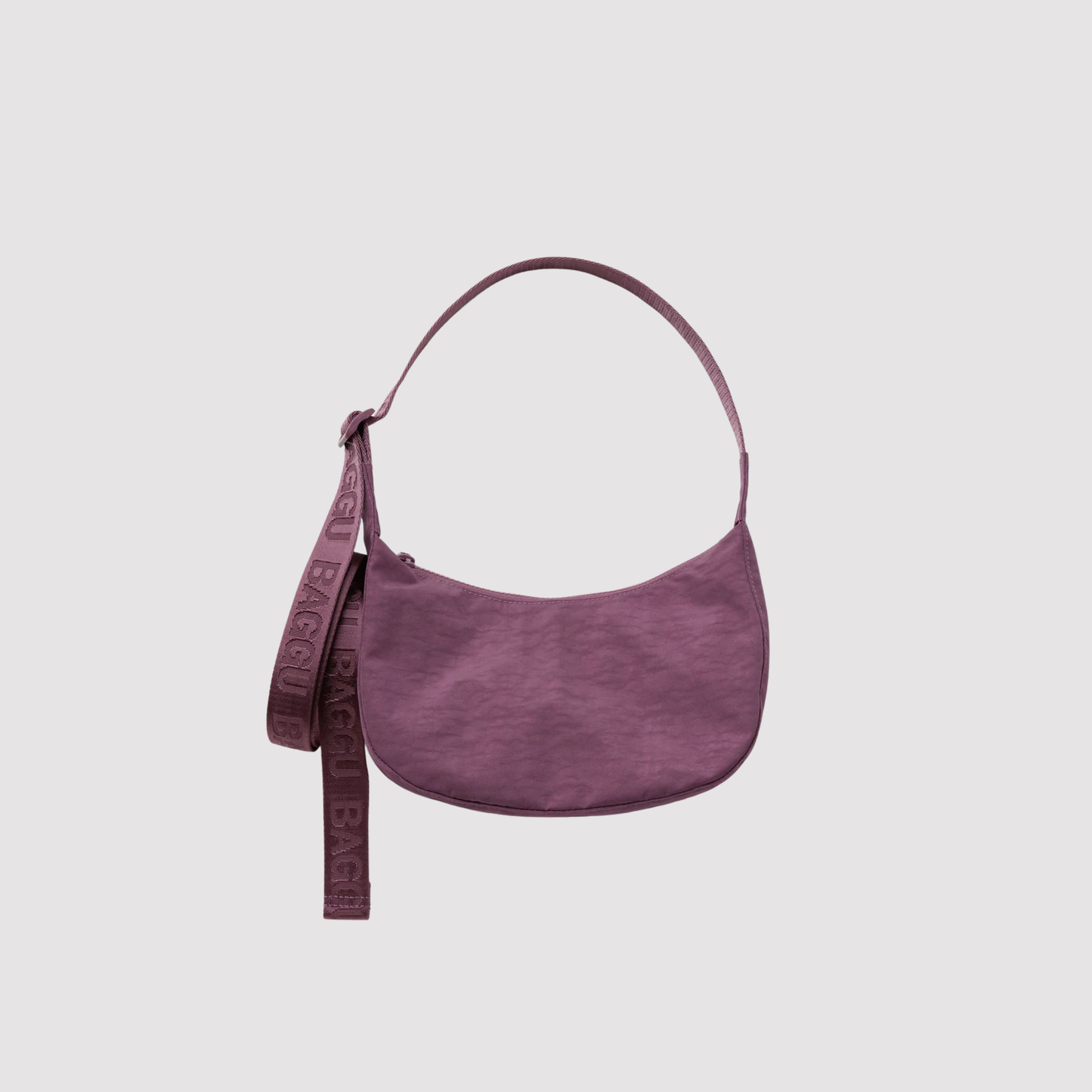 Small nylon crescent bag, mauve with wrist strap and zip pocket