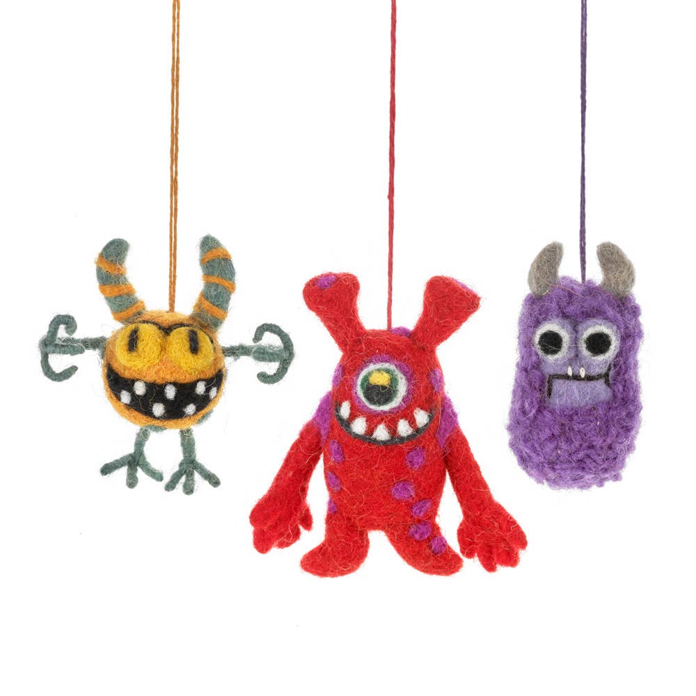 Felt monster hanging decoration set, orange, red, and purple on hanging strings
