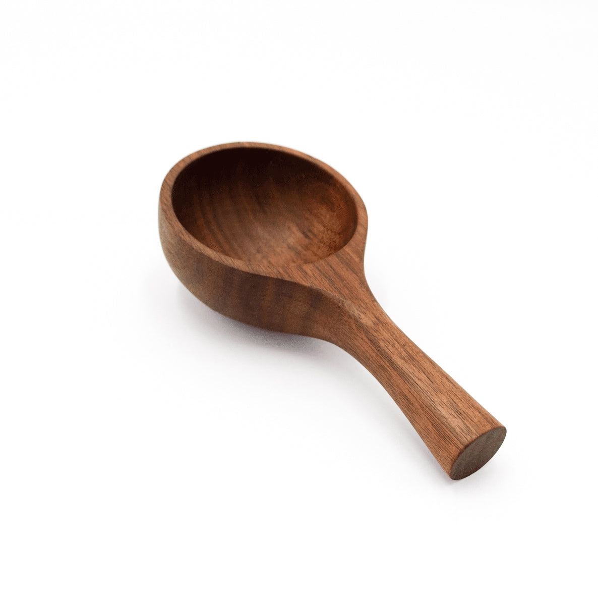 Large walnut wood scoop with long handle and rounded serving bowl
