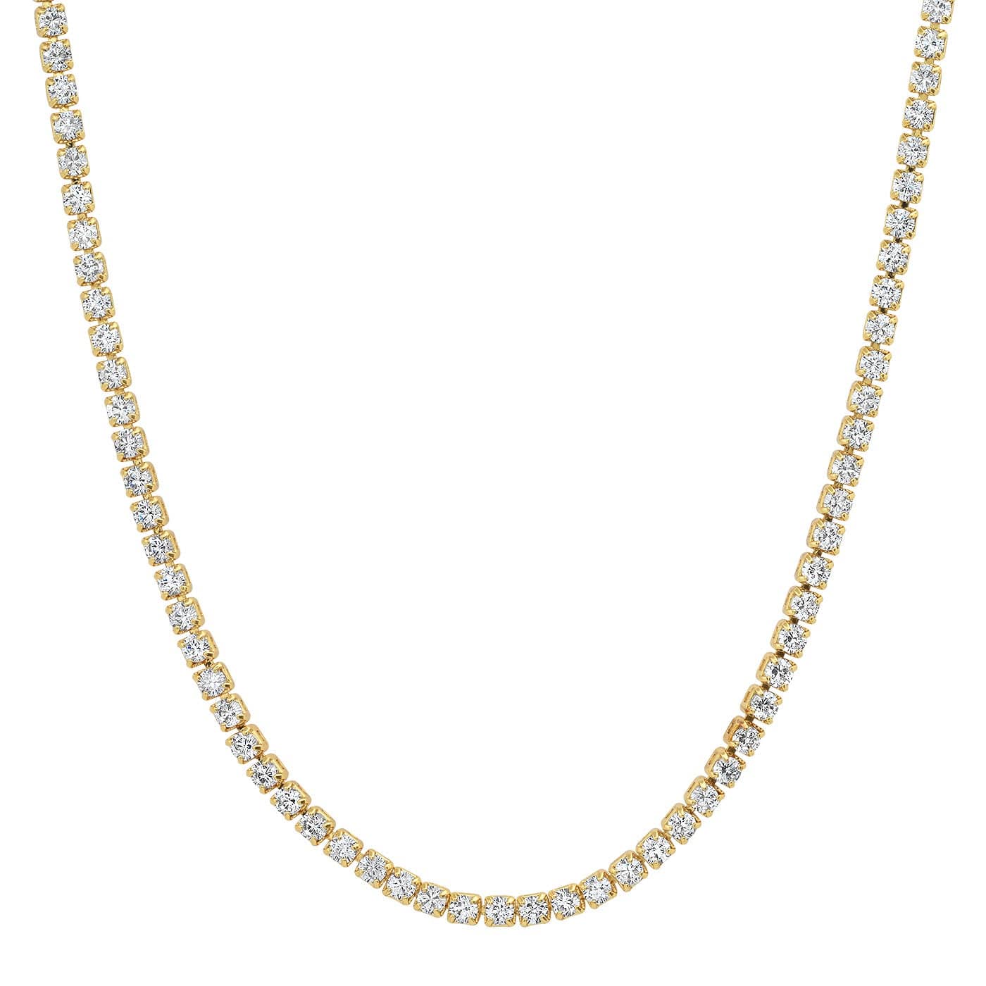 Gold tennis necklace with round CZ stones, slim chain profile