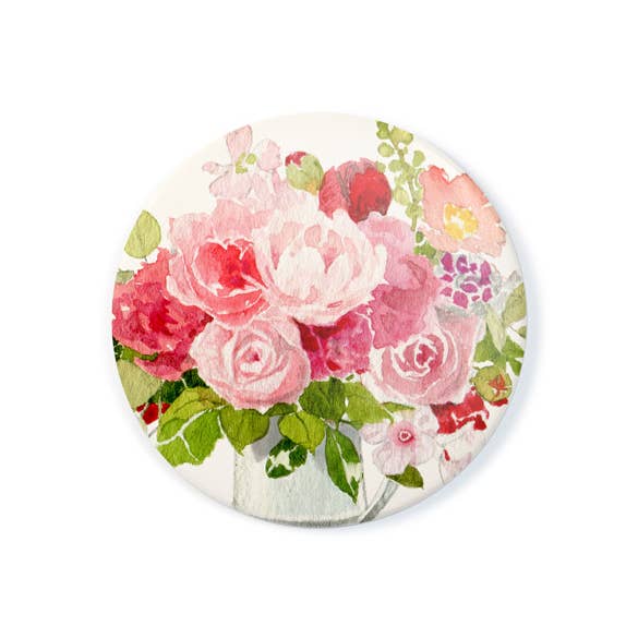 Pocket mirror with circular floral design fabric cover in pink and green