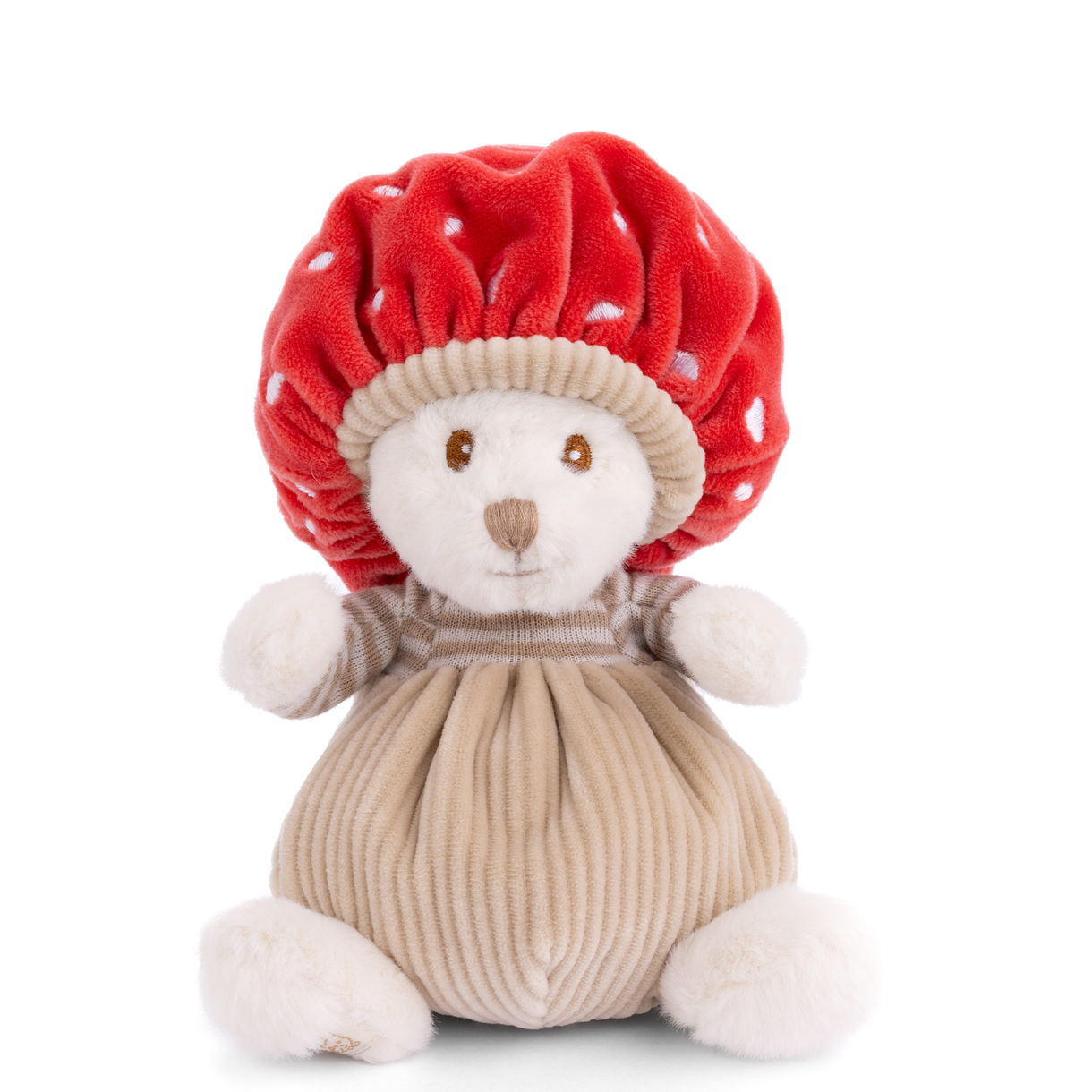 Plush animal toy with red mushroom-style cap and beige striped outfit