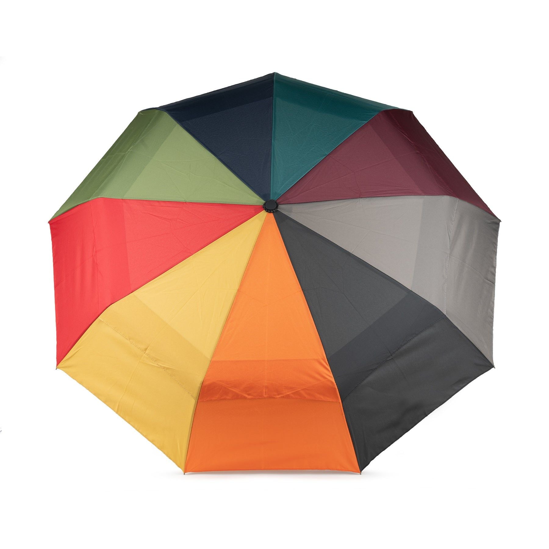 Rainbow multi-panel umbrella with dark gray and black canopy sections