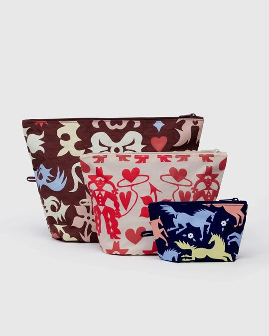 Go pouch set of three fabric zip pouches with maroon, red hearts, and navy animal prints