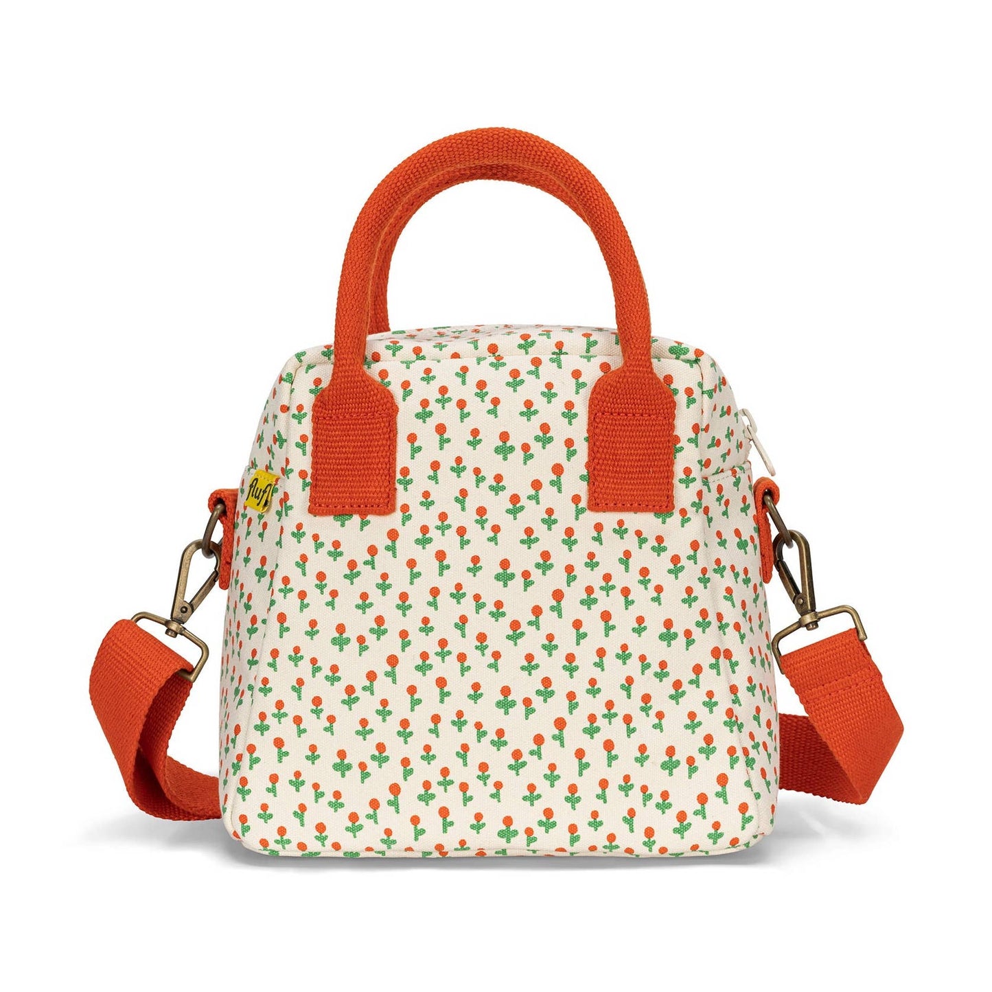 Lunch clutch bag in white with Tiny Roses pattern and orange top handles