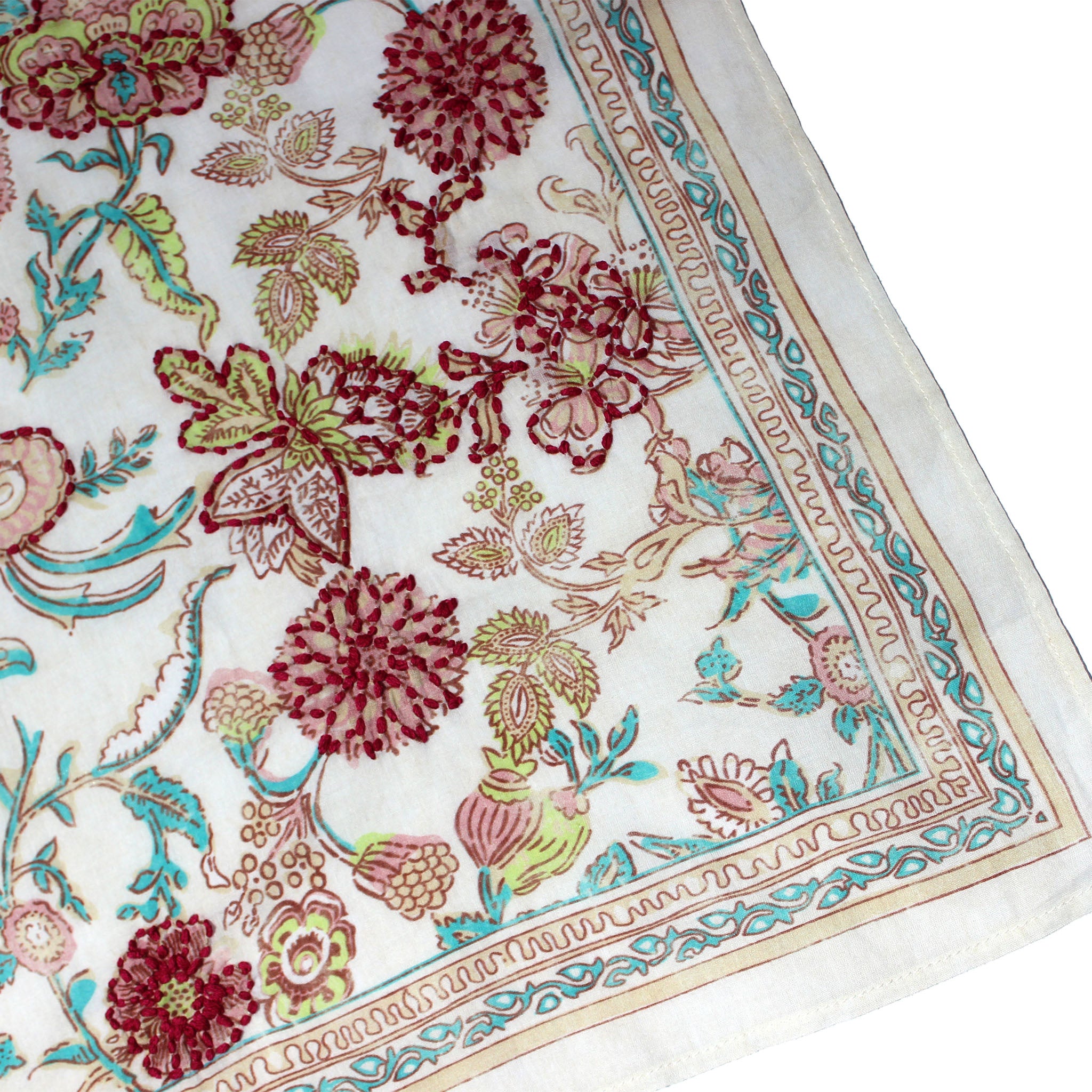 Cotton embroidered bandana corner detail with red floral pattern and blue border trim