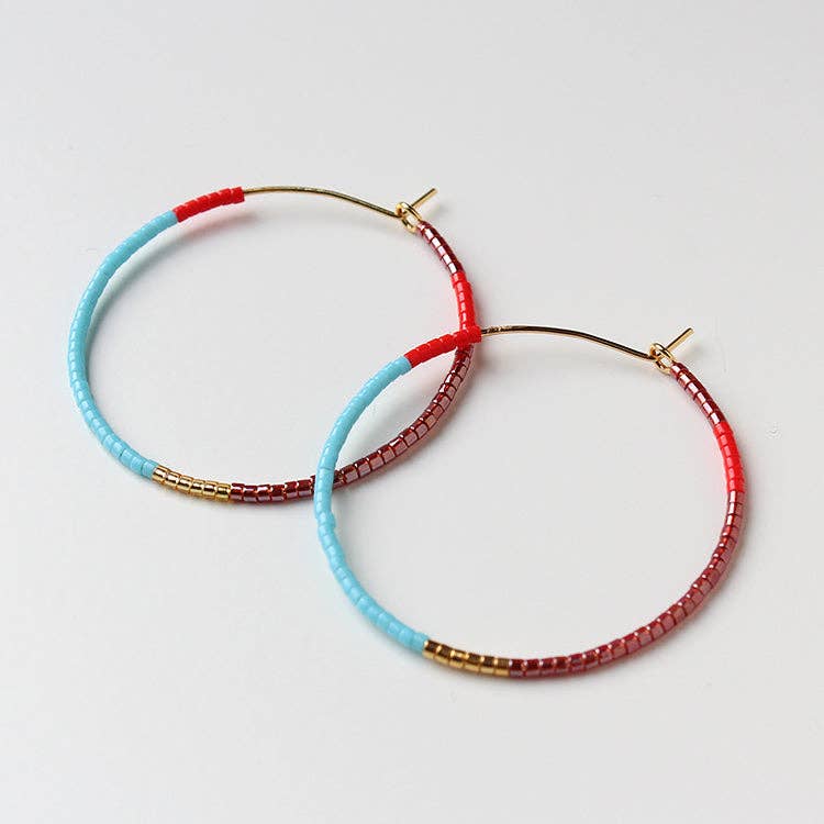 Beaded hoop earrings, turquoise and red with gold posts and clasp.
