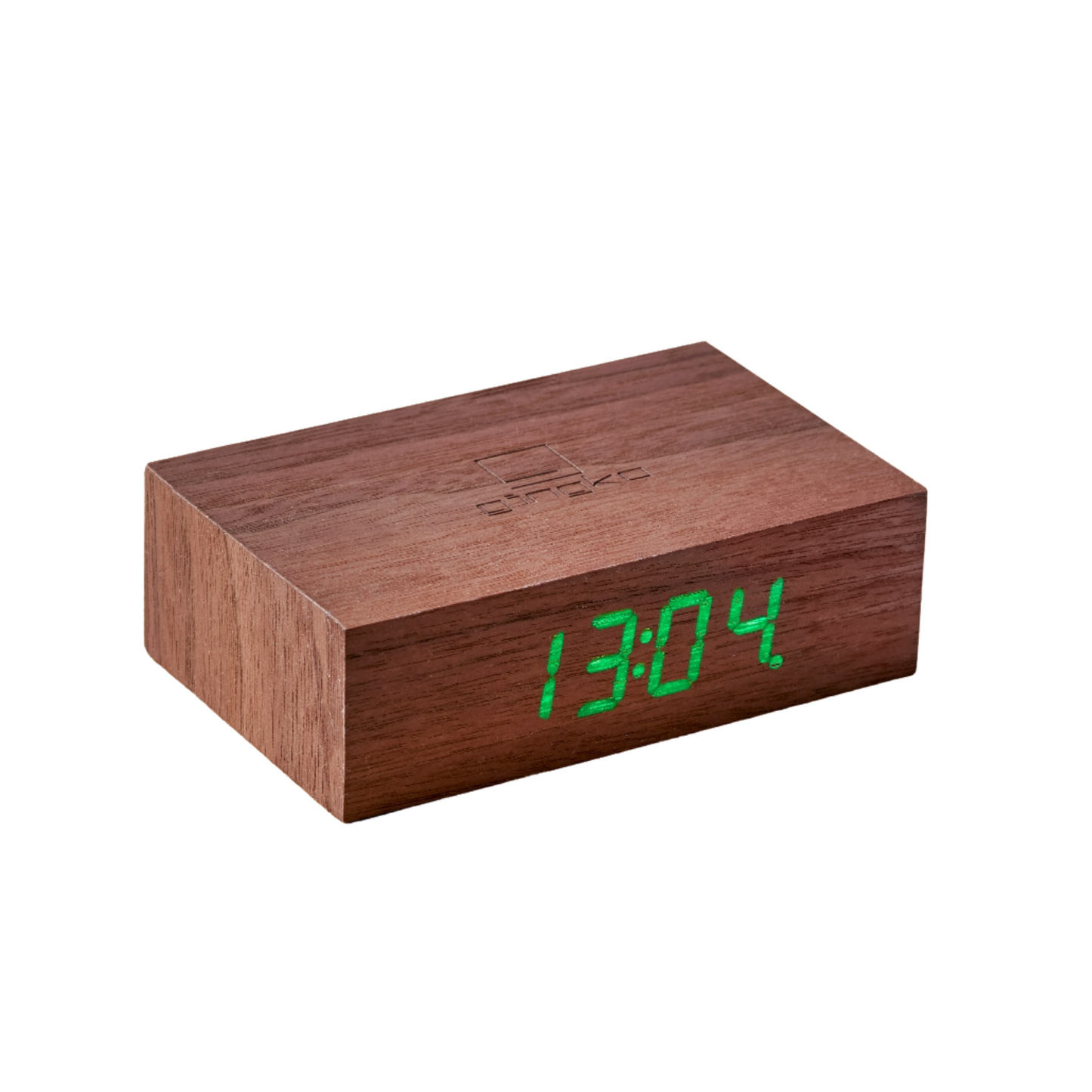 Medium brown wood Flip Click Clock block with green LED digits on the front display