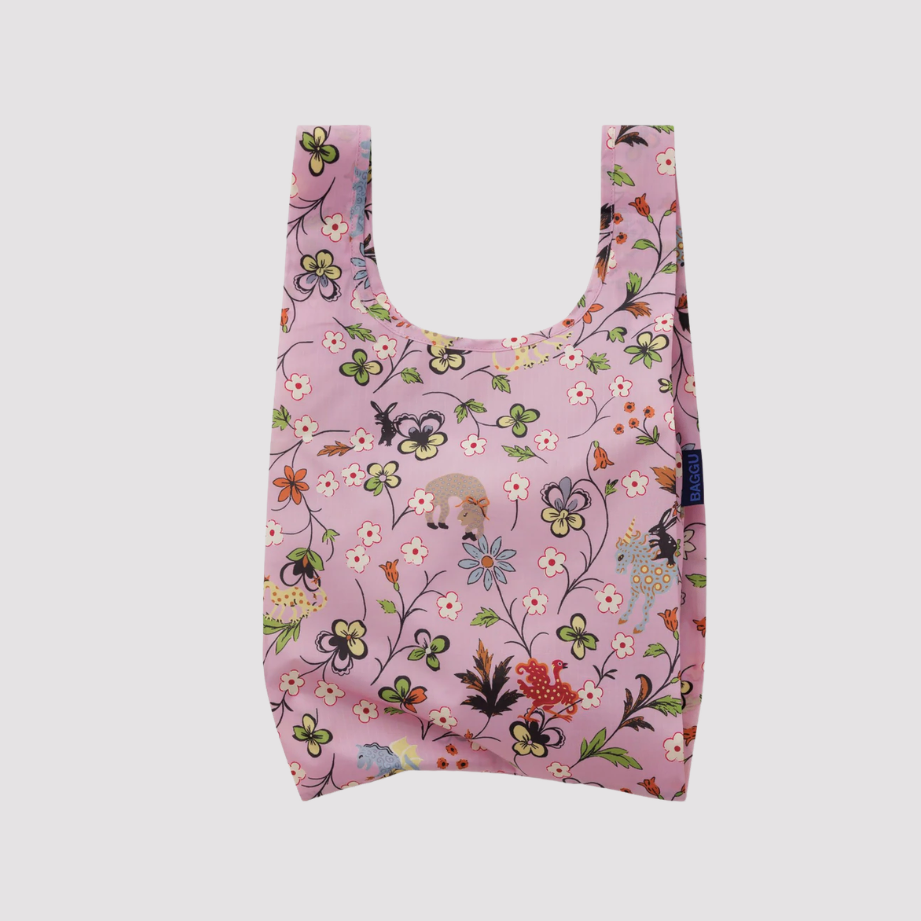 Reusable tote bag with pink floral garden print