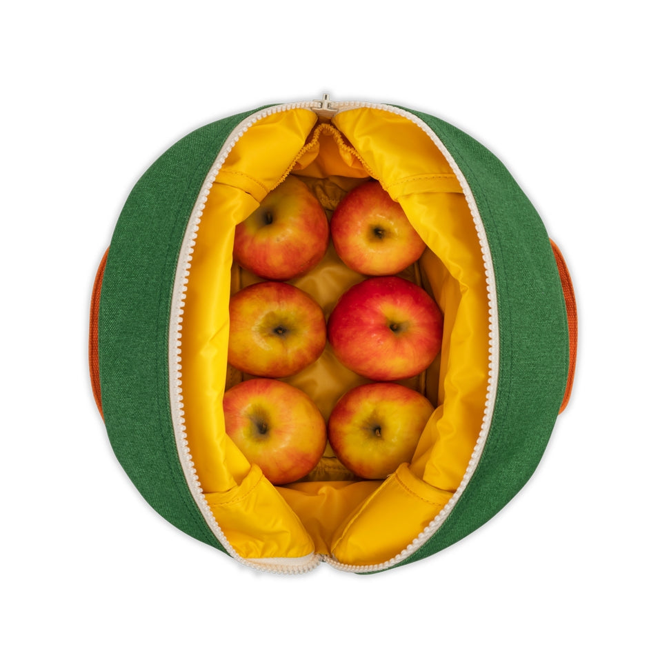 Zipper lunch bag with green exterior and yellow lining, open top showing apples inside