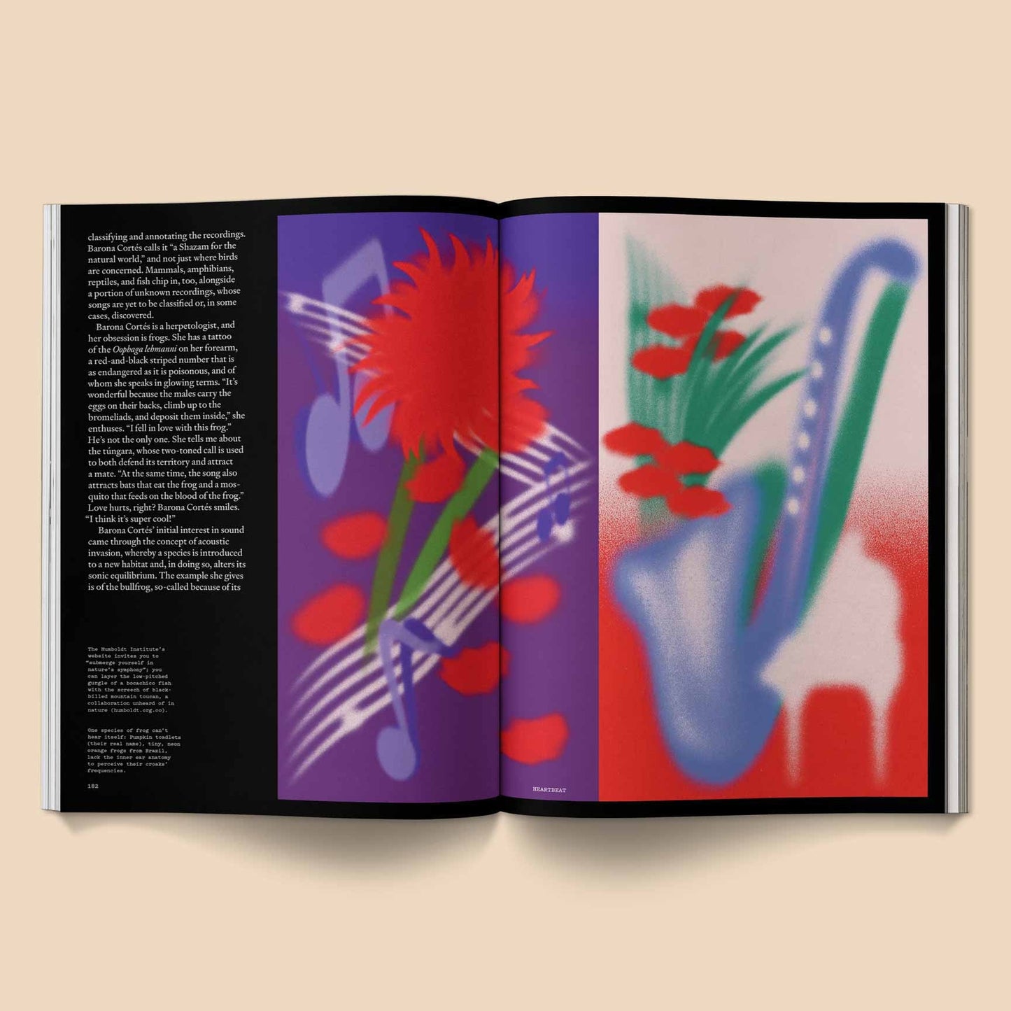 Opened music magazine spread with purple-themed artwork and two full-page color figures