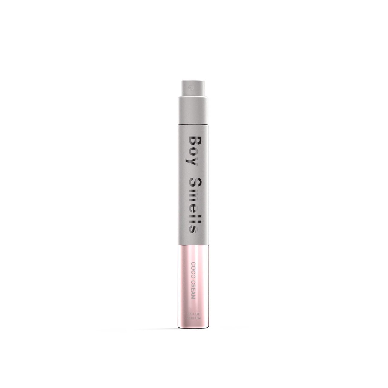 Slim roller fragrance bottle with pink frosted body and silver cap