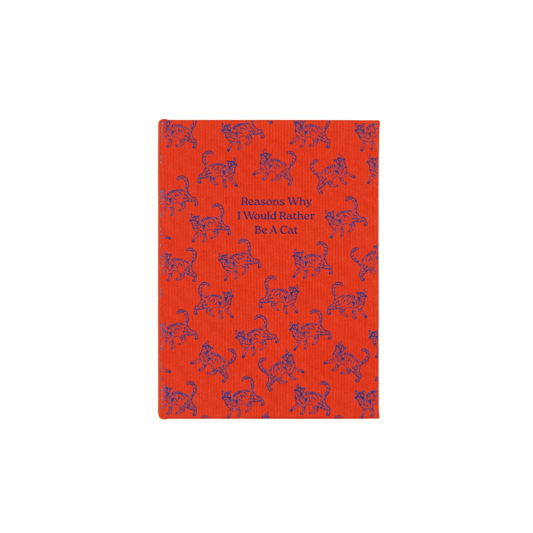 Red notepad with repeating blue cat silhouettes and cat-themed title text